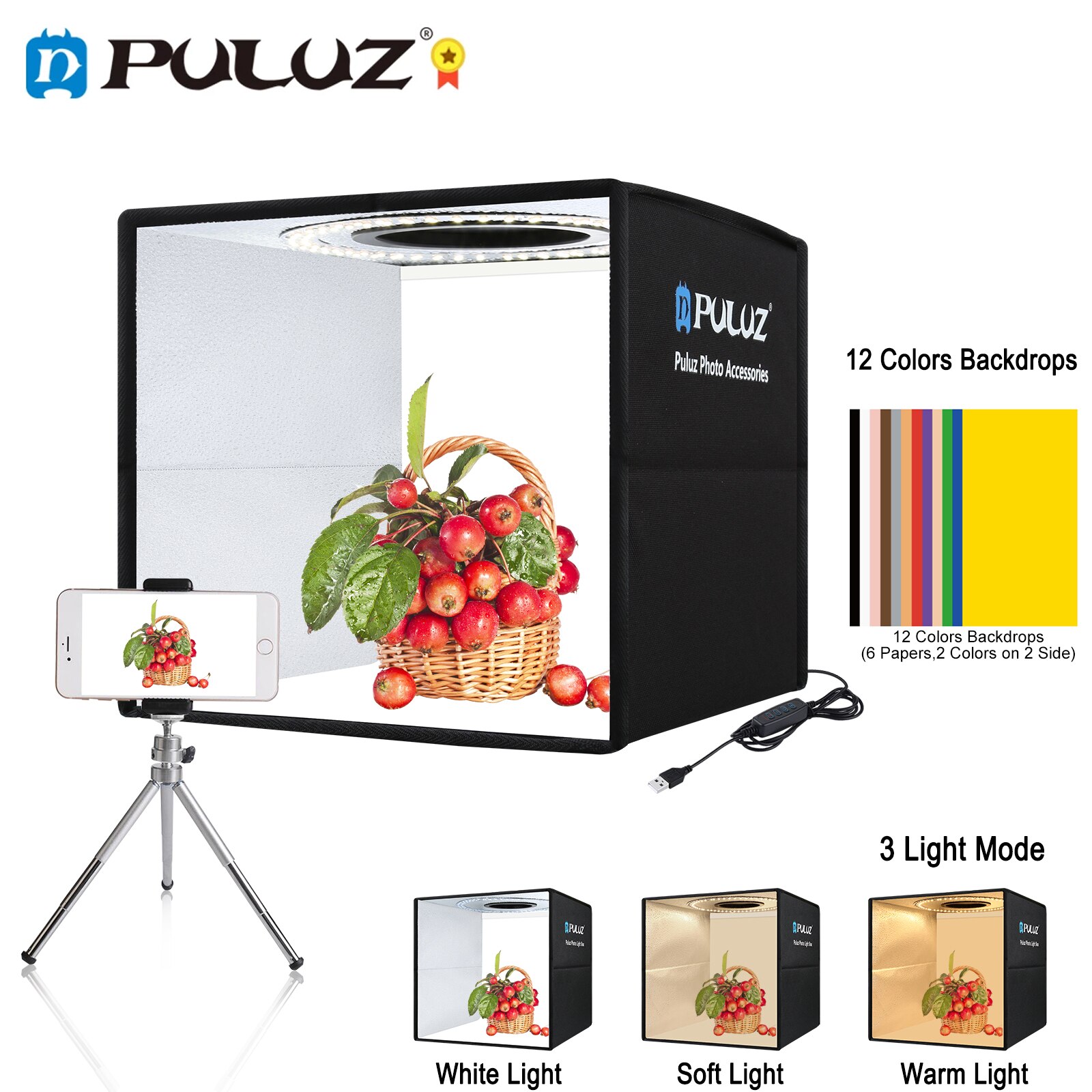 Puluz Mini caja de estudio fotográfico portátil Kit de anillo LED 3 modos de luz Softbox con fondos de 6/12 colores,Caja de luz de fotografía plegable de 25 cm / 30 cm / 40 cm, caja de tiro para fotos