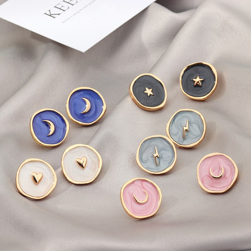 Cute Sweet Moon Star Stud Earrings for Women Korea Style Enamel Round Coin Statement Earrings Party Jewelry