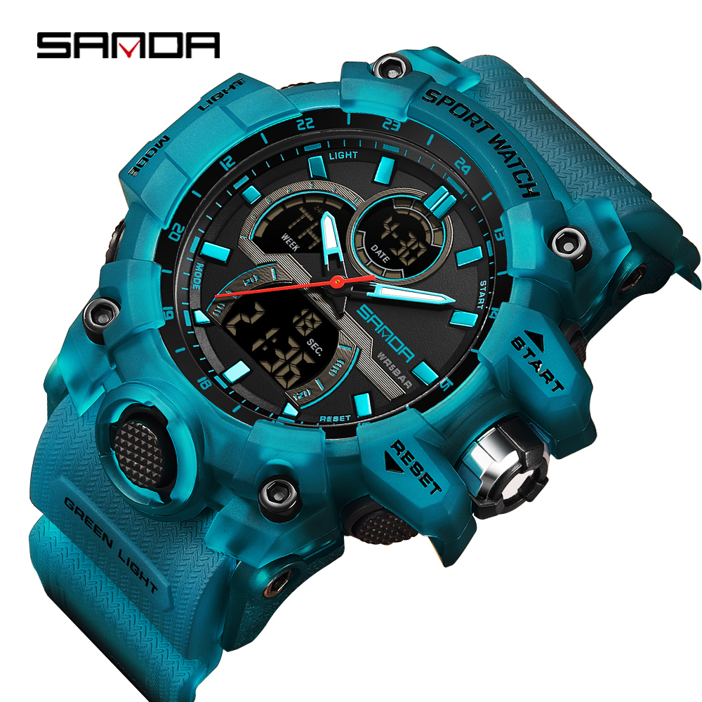 SANDA-reloj electrónico con luz nocturna para hombre, cronógrafo multifuncional con pantalla Dual, resistente al agua, Ideal para deportes al aire libre, a la , 6198, 2024: Plata