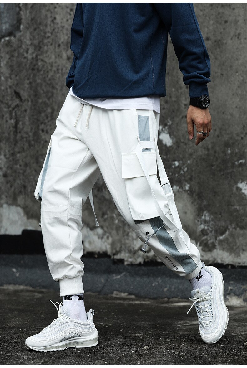 Linten cargobroek heren casual streetwear harajuku broek hiphop trendy casual jeugd slanke broek stijlvolle heren joggingbroek: Xxxl / Wit 571