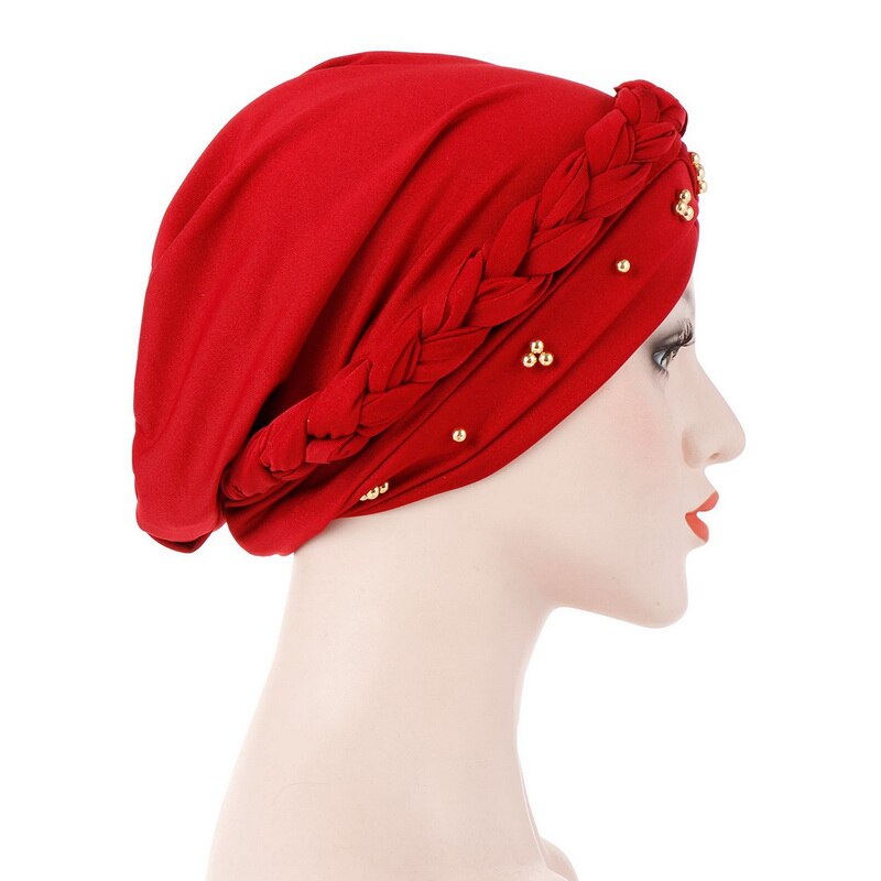 Kvinnor muslimska turban keps enfärgad bandanas pärlstav fläta pärlor dekor hatt