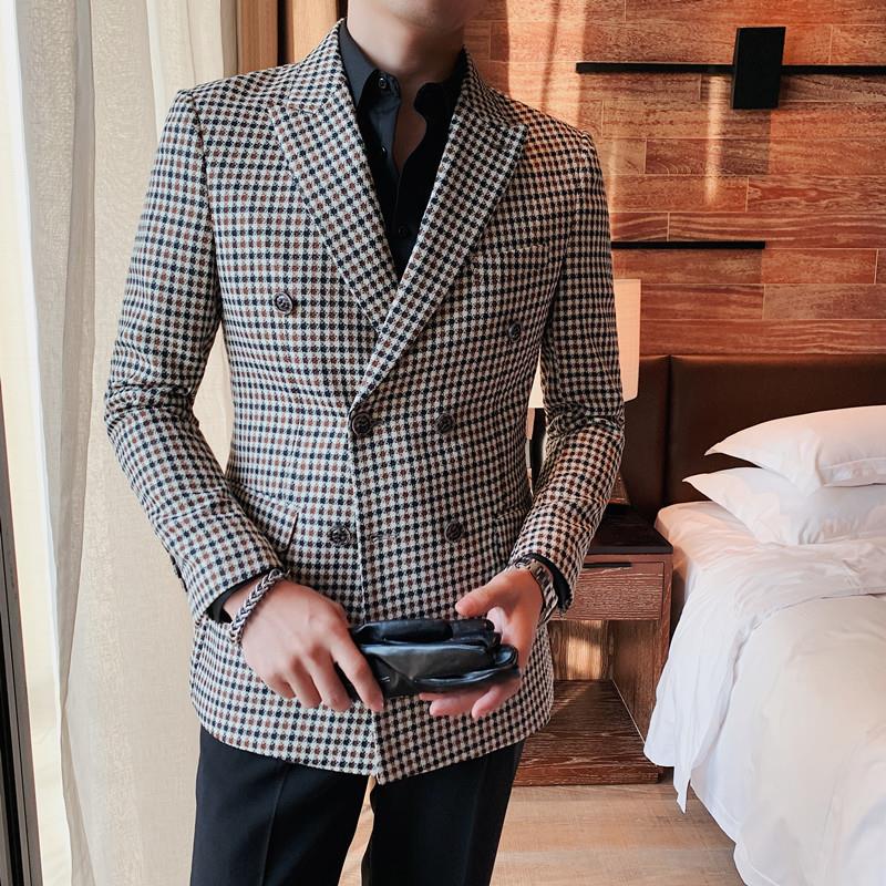 British Style Mens Slim Fit Houndstooth Blazer Men 2022 Simple Double Breasted Business Office Wedding Dress Suit Jacket