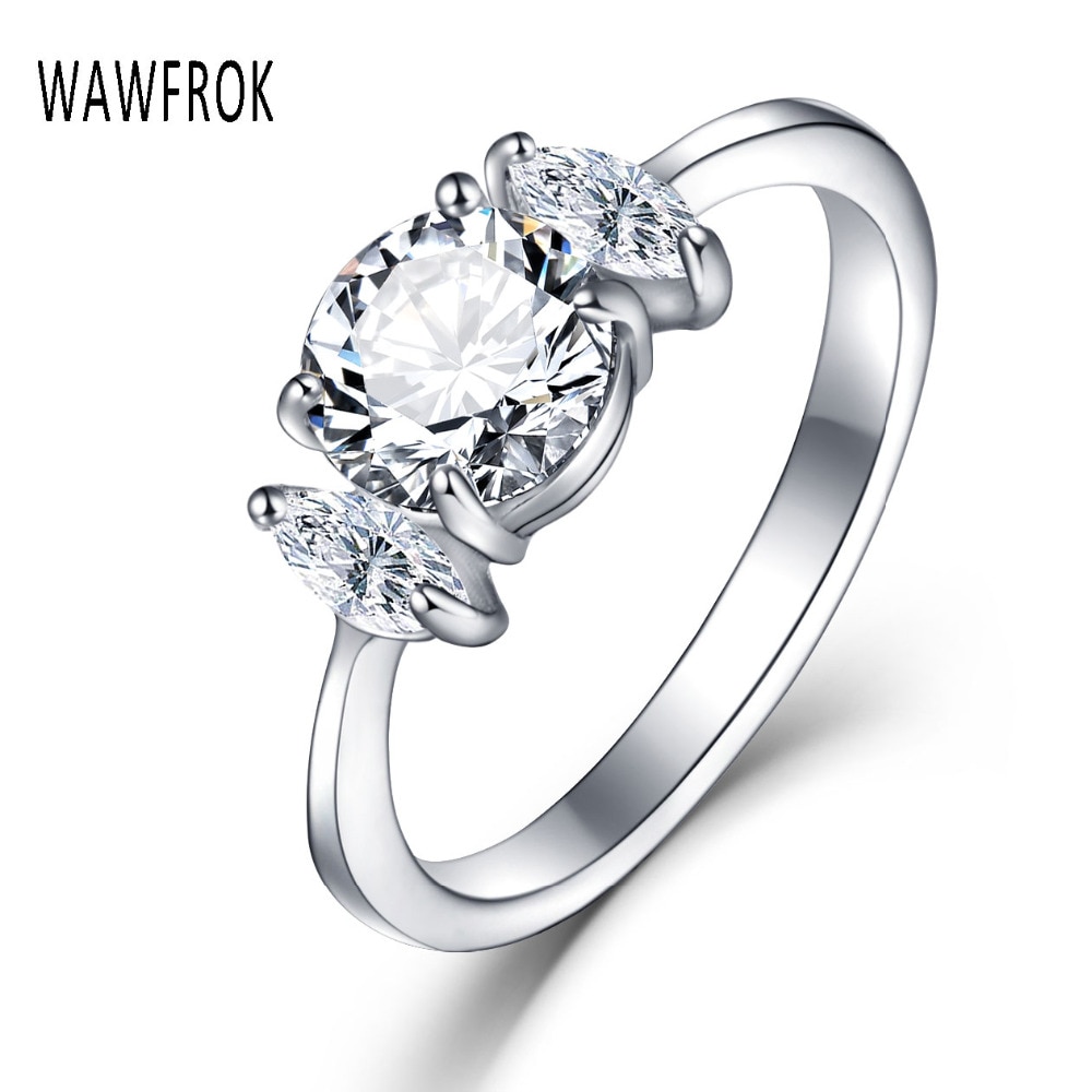 WAWFROK Silver Color Cubic Zirconia Wedding & Engagement Ring Jewelry For Women Stainless steel Rings