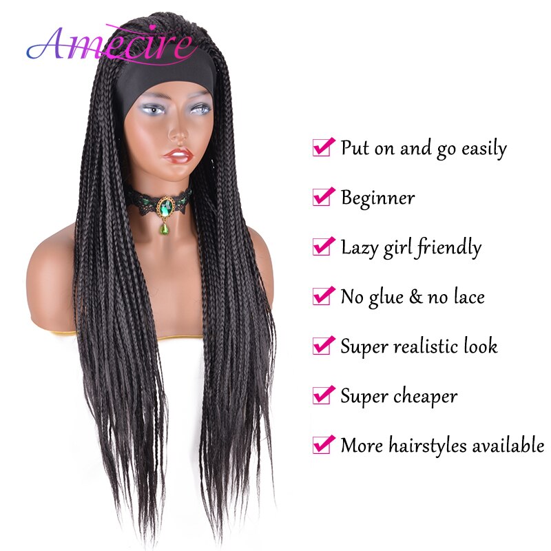 Long Synthetic Headband Wigs Box Braid Wig With Headband 26'' Long Braided Wigs For Black Women Heat Resistant Twist Braids