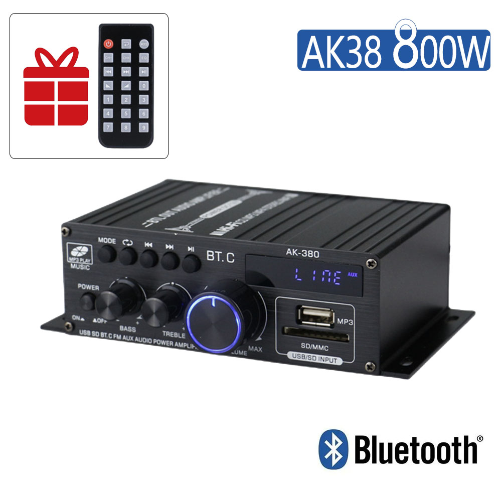 Amplificador Bluetooth AK380, 800W, Audio HiFi, Karaoke, cine en casa, 2 canales de potencia, Clase D, USB, SD, AUX,: TRANSPARENT