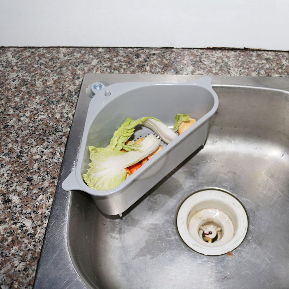 Køkken trekantet vask sil filter afløb vegetabilsk frugt dræner kurv vask filterhylde sugekop svamp rack opbevaringsværktøj