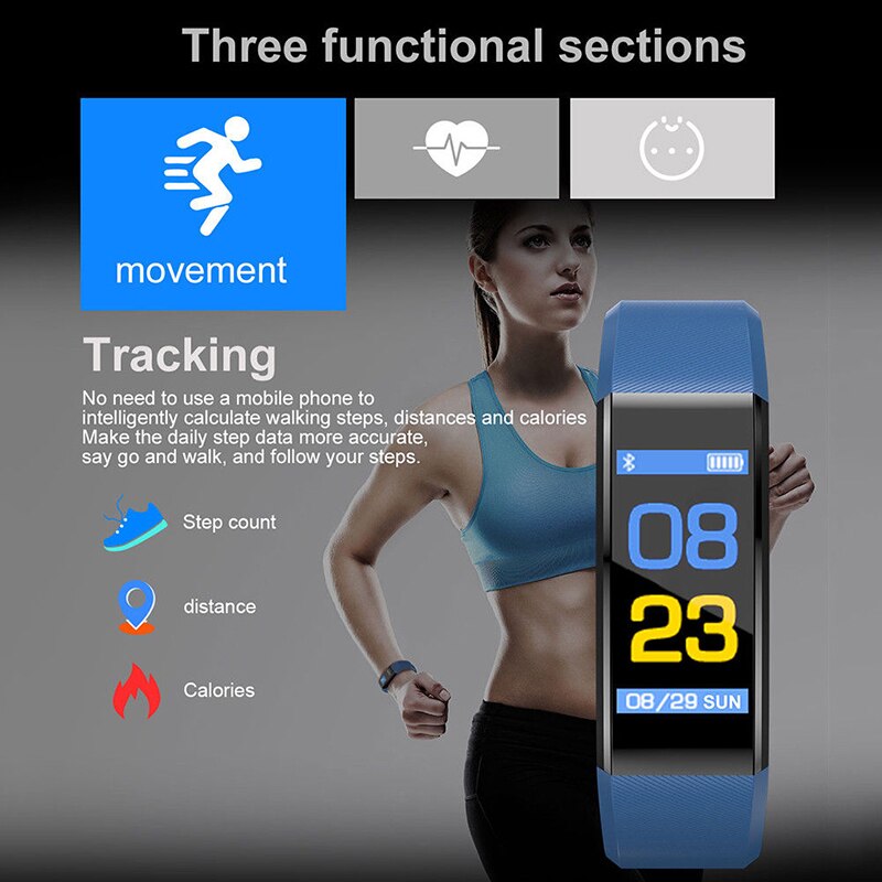 Color Screen smart Bluetooth fitness pedometer step counter wrist sleep heart rate monitoring watch with calorie running tracker