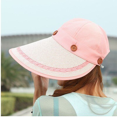 Solhat damer bredt rand halm kvinder bred stor kant floppy sommer strand en solhat stråhat knap kasket sommer hatte til kvinder: Lyserød