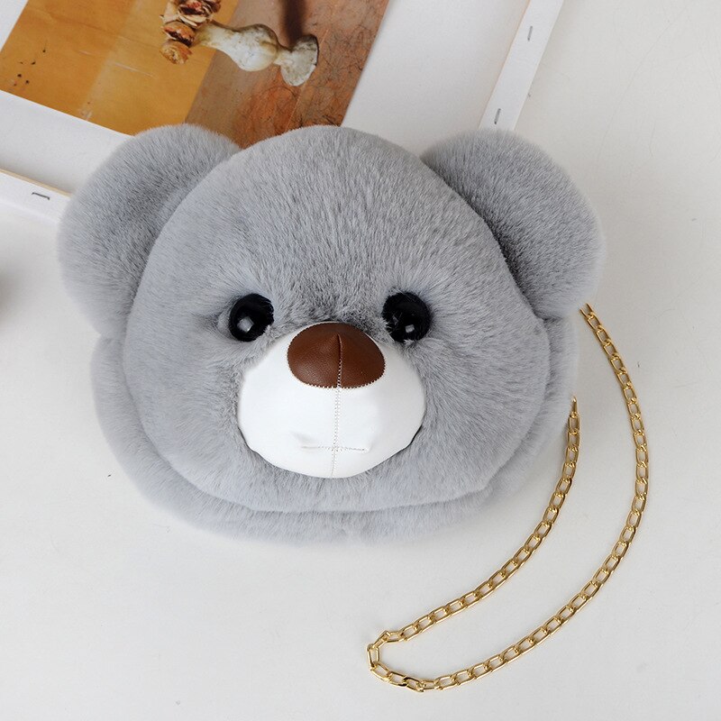 Women Plush Hairy Bag Female Cute Chain Shoulder Messenger Bag Girl Doll Cat Bear Head Bag