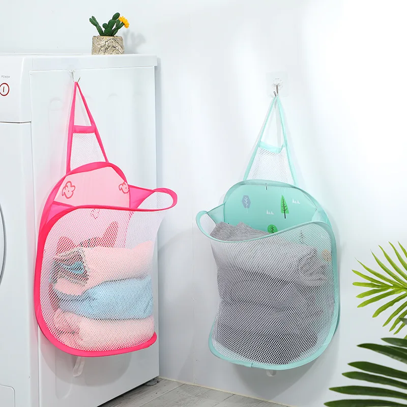 Wall Mounted Foldable Large Capacity Dirty Clothes Basket Laundry Hamper Cloth Nets Storage Organizer Bucket with Lanyard