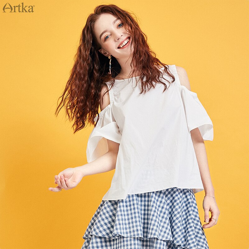 ARTKA Zomer Vrouwen Tops En Blouses Korte Flare Mouw Blouse Off-de-schouder O-hals Blouse voor Vrouwen SA15190X