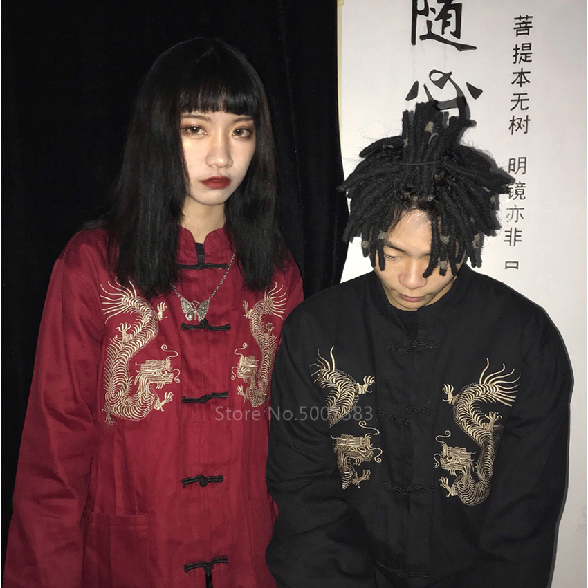 Ropa tradicional china de Bordado de dragón, chaqueta Tang para mujer y hombre, ropa elástica, Kimono, blusa Vintage, Top para parejas,