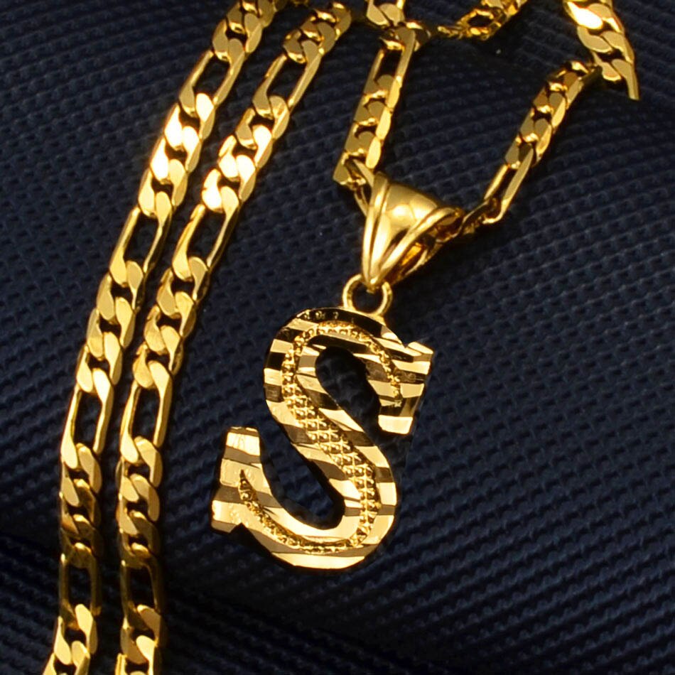Anniyo A-Z Letters Pendant Necklaces for Women Men Girls English Initial Alphabet Figaro Chains Gold Color Jewelry #058002S: 60cm / Champagne gold