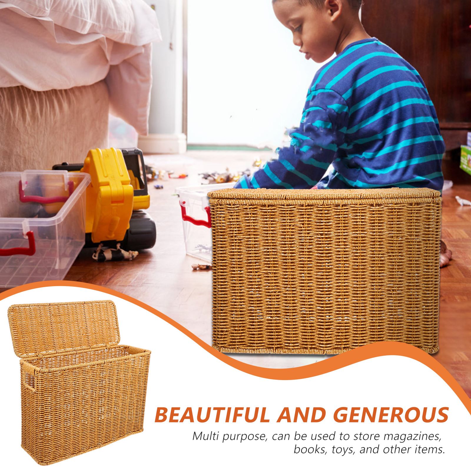 Opbevaringskurve med låg til magasiner, smal fletkurv, flettede kurve, slank organisering