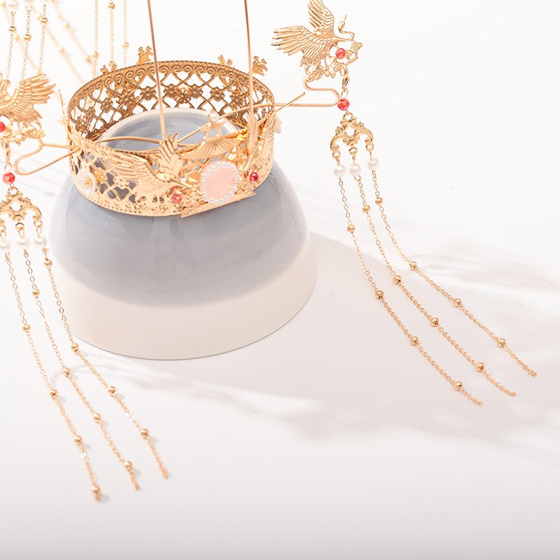 FORSEVEN Luxury Pearls Long Tassel Tiaras and Crowns Hairpins Hair Forks Chinese Wedding Hanfu Dress Show Hair Jewelry