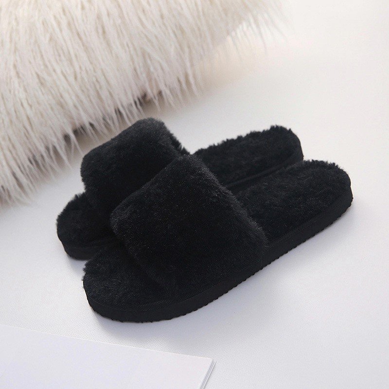 Efterår vinter pels rutschebaner hjemmetøfler sko kvinde imiteret pels kvinder hjemmesko fluffy plys skridsikre indendørs sko kvindelige hjemmesko: Sort / 9