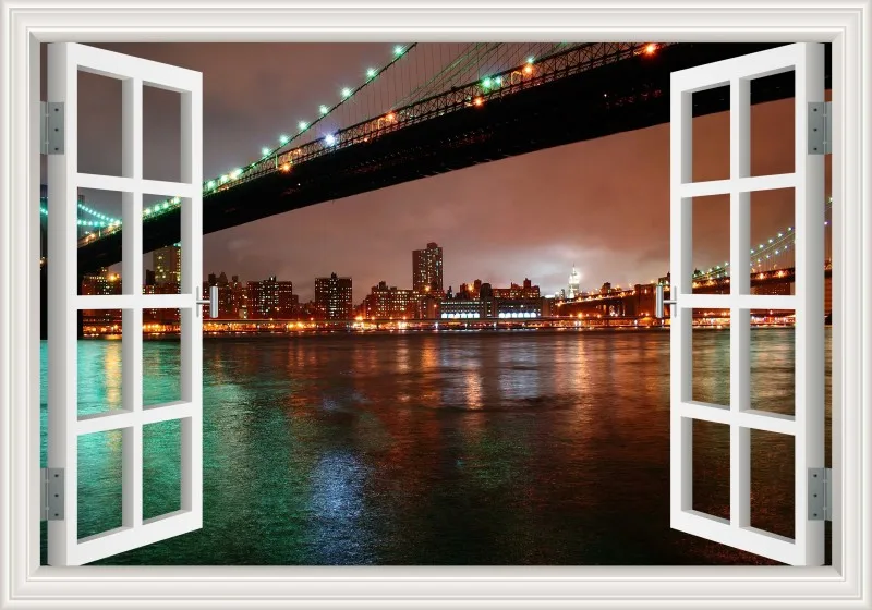 3D Window View wall Sticker York Brooklyn Removable Night Wall Art Wallpaper Kitchen Room decor aesthetic poster prints: 28x40inch 70x100cm / W0154
