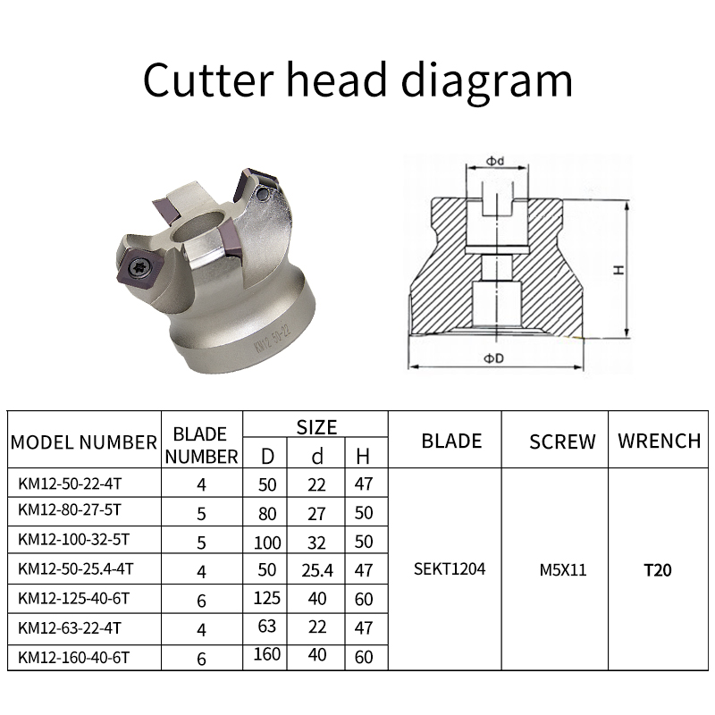 KM12 45 Degree Cutting Adapter 50/63/80/100mm Indexable Solid Carbide Insert SEKT1204 CNC Lathe Machine Face Milling Cutter Head