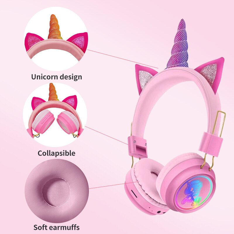 Auriculares inalámbricos con micrófono de unicornio para PC, cascos estéreo de música para teléfono móvil, de cumpleaños para chica, con caja, novedad de
