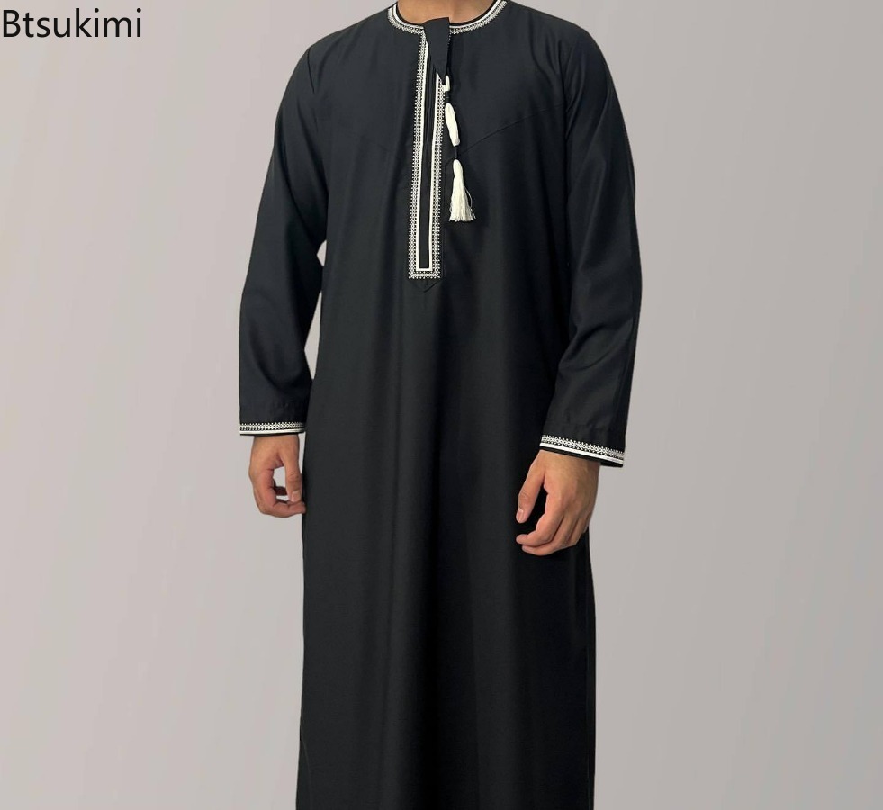 Moslim Mode Abaya voor Mannen Lange Mouw Jurk Gewaad O-hals Borduren Mannen Jubba Thobe Pakistan Arabische Islam Kleding Gebed Kaftan