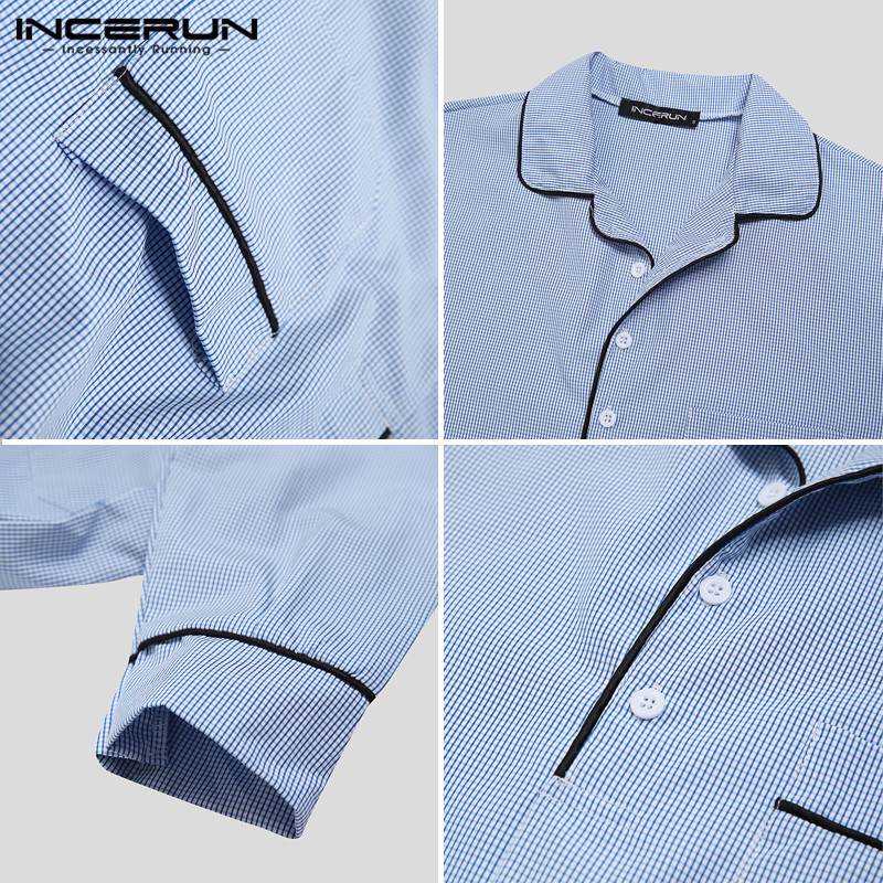 Incerun Plaid Mannen Slaap Gewaden Lange Mouwen Leisure Jurk Nachtjapon Comfortabele Mode Homewear Revers Mannen Badjassen S-5XL