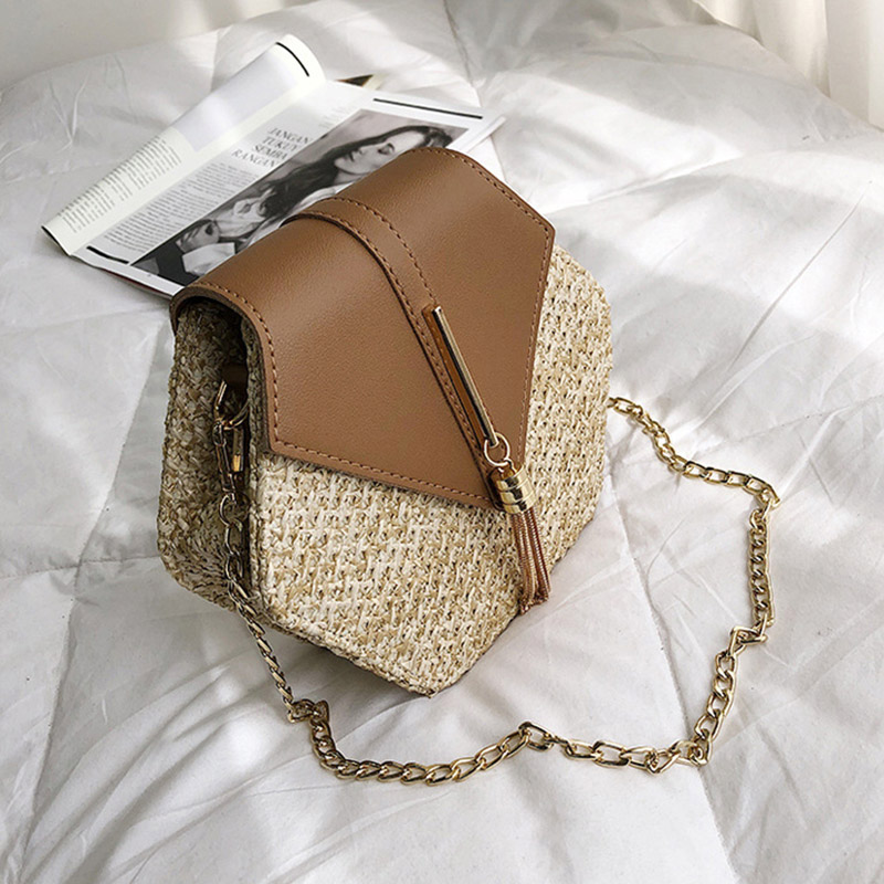 Zomer Vrouwen Mode Kwastje Stro Tassen Bohemian Vrouwelijke Kettingen Schoudertas Hexagon Prachtige Dame Crossbody SS3539: Khaki