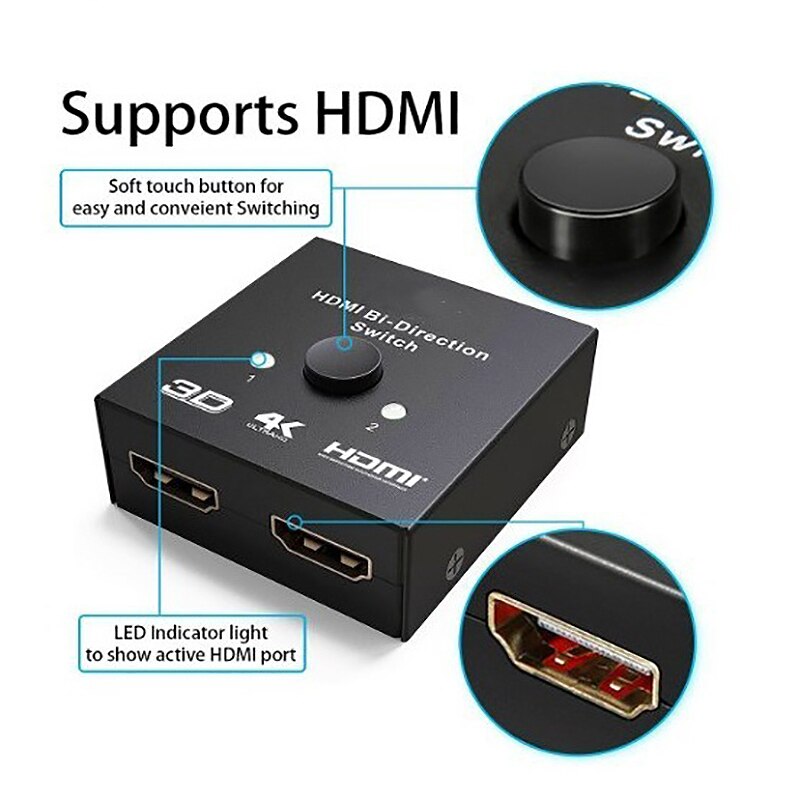 4K Hdmi Switch 2 Poorten Bi-Directionele 1X2 / 2X1 Hdmi Switcher Splitter Ondersteunt Ultra Hd 4K 1080P 3D Hdr Hdcp Voor PS4 Hdtv