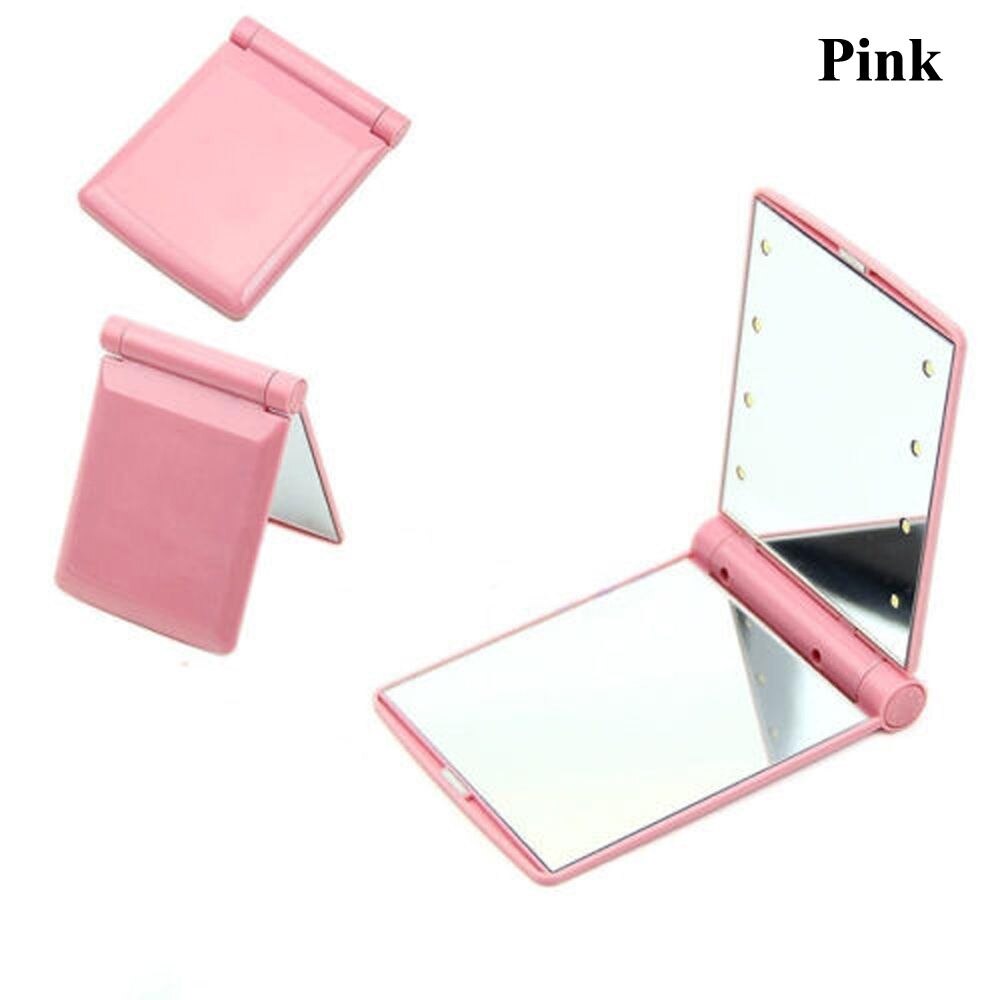 1PC Women Travel Portable Pocket Make Up Mirror with 8 LED Lights Cosmetic Folding Compact Makeup Tool Ladies Nice: Pink