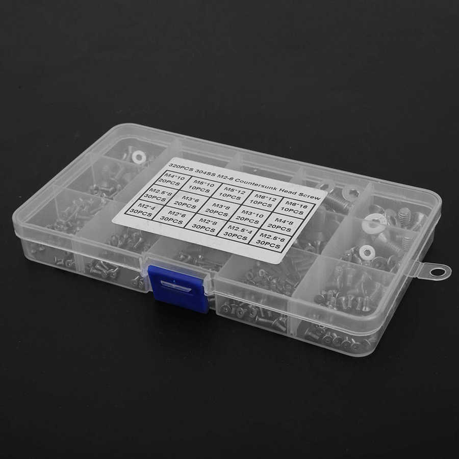 320pcs M2-M6 Hex Socket Flat Stainless Steel 304 Screw Assortment Set