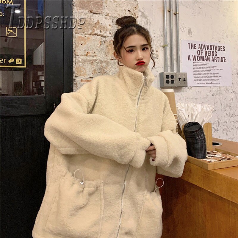 Abrigo holgado de estilo Bf Harajuku para mujer, chaqueta femenina de imitación de lana de cordero para otoño e invierno,