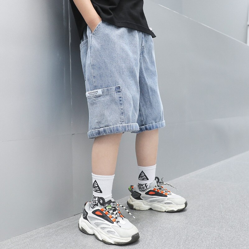 Neue 2022 Kinder Sommer Denim Shorts Mit Tasche Baby Jungen Baumwolle Kurze Jeans Kinder Casual Kalb Hosen Alter 4 5 7 9 11 13 14 jahre