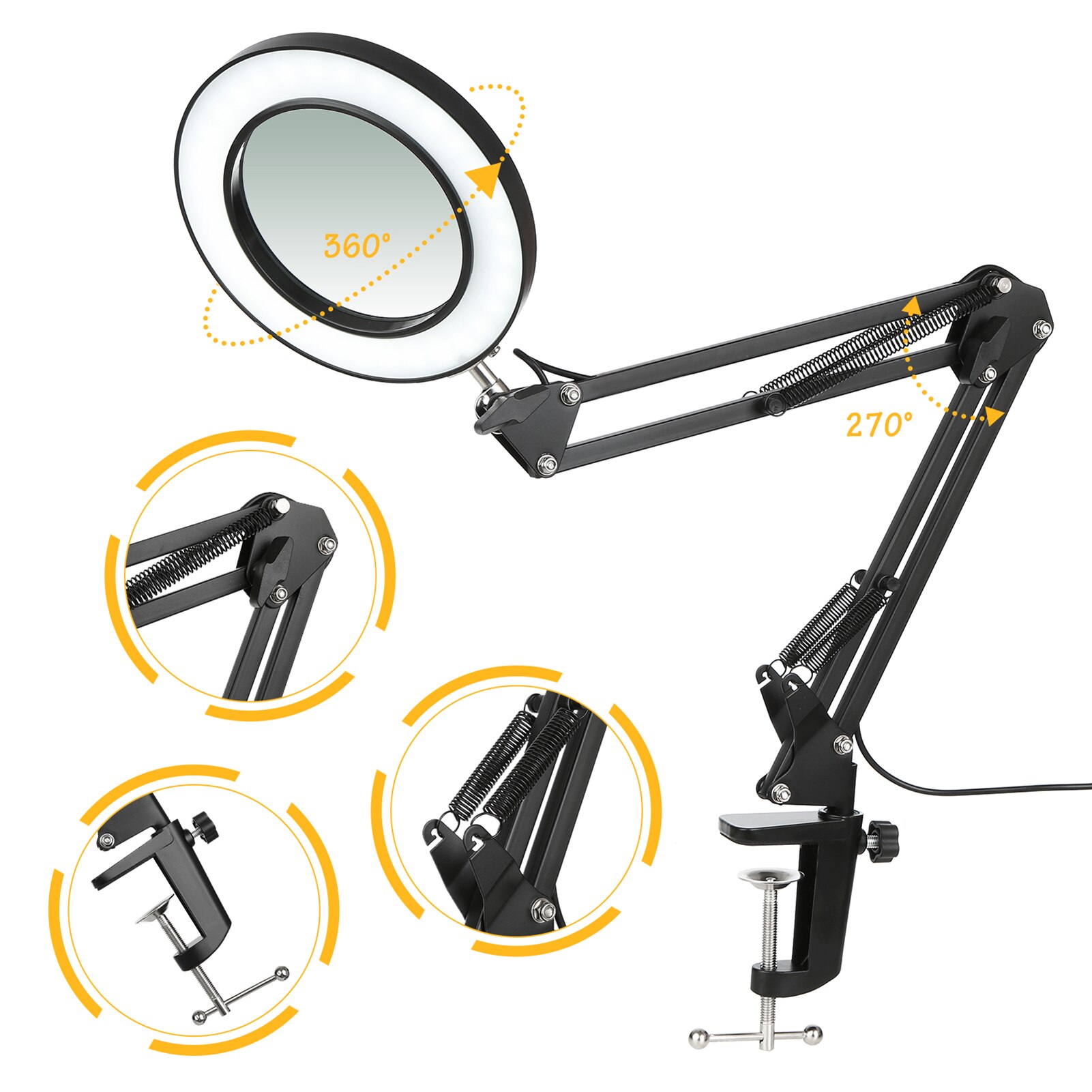 8x Verlicht Vergrootglas Glas Flexibele Clamp-On Tafellamp Swing Arm Dimbare Leds Bureaulamp 3 Kleur 10 Niveaus werk Lezen Licht