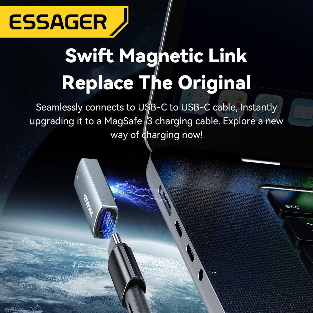 Essager 140W Adapter magnetyczny typu C do Apple Magsafe 3 MacBook Air Pro 2021-2023 Kąt 90 stopni Konwerter szybkiego ładowania USB C