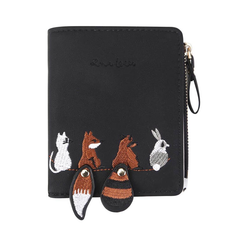 Girl Cartoon Leather Small Wallet Luxury Women Short Coin Zipper Purse Card Holder Outdoor Portable Wallets: Black