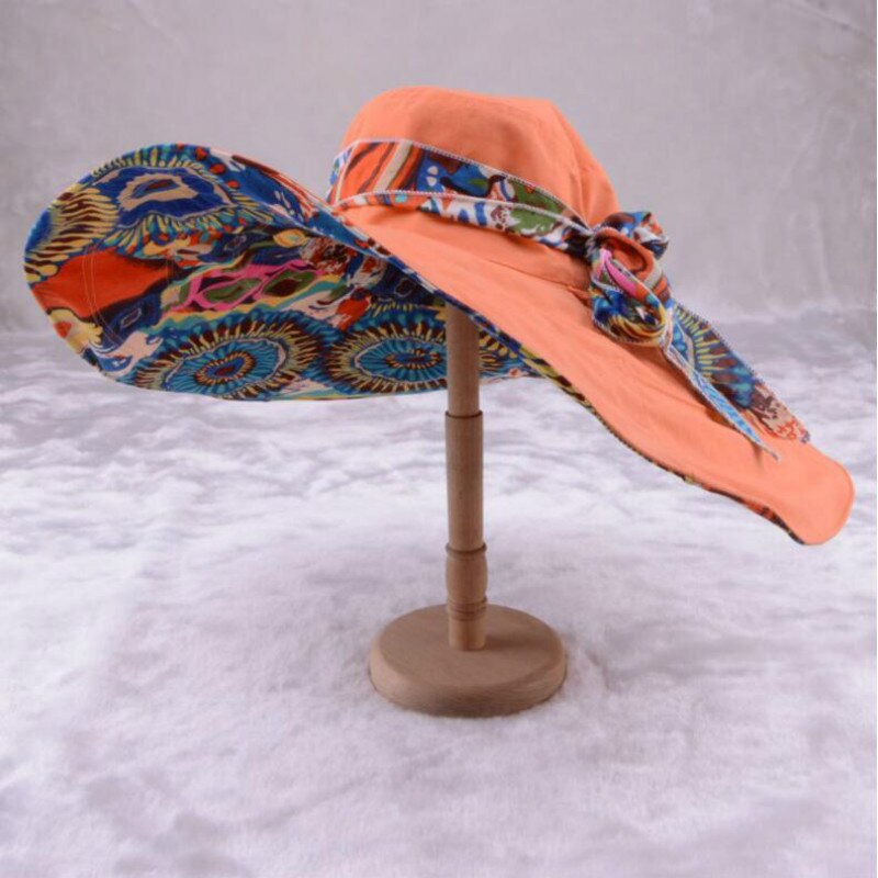 Zonnehoed Voor Vrouwen Opvouwbare Zomer Grote Rand Strand Hoed Cap Omkeerbare Bloem Gedrukt Brede Rand Vrouwelijke Panama 6 Kleuren: Oranje