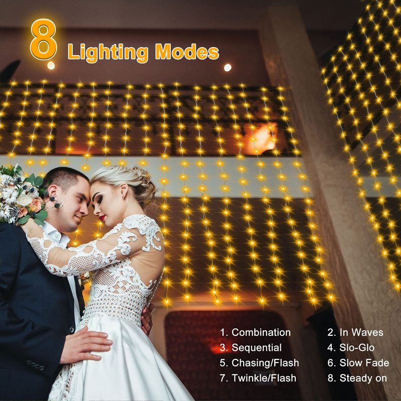 Cortina de luces LED solares de 6M/3M, 8 modos de iluminación, guirnaldas de luces para exteriores, cenador para de boda, decoración de jardín, iluminación navideña
