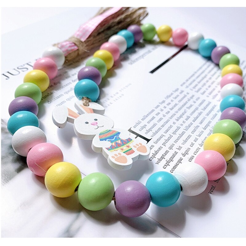Nordic Easter Wood Bead Garland with Tassels Farmhouse Beads Rustic Country Decor Kid Room Wall Hanging Ornament Home Decor