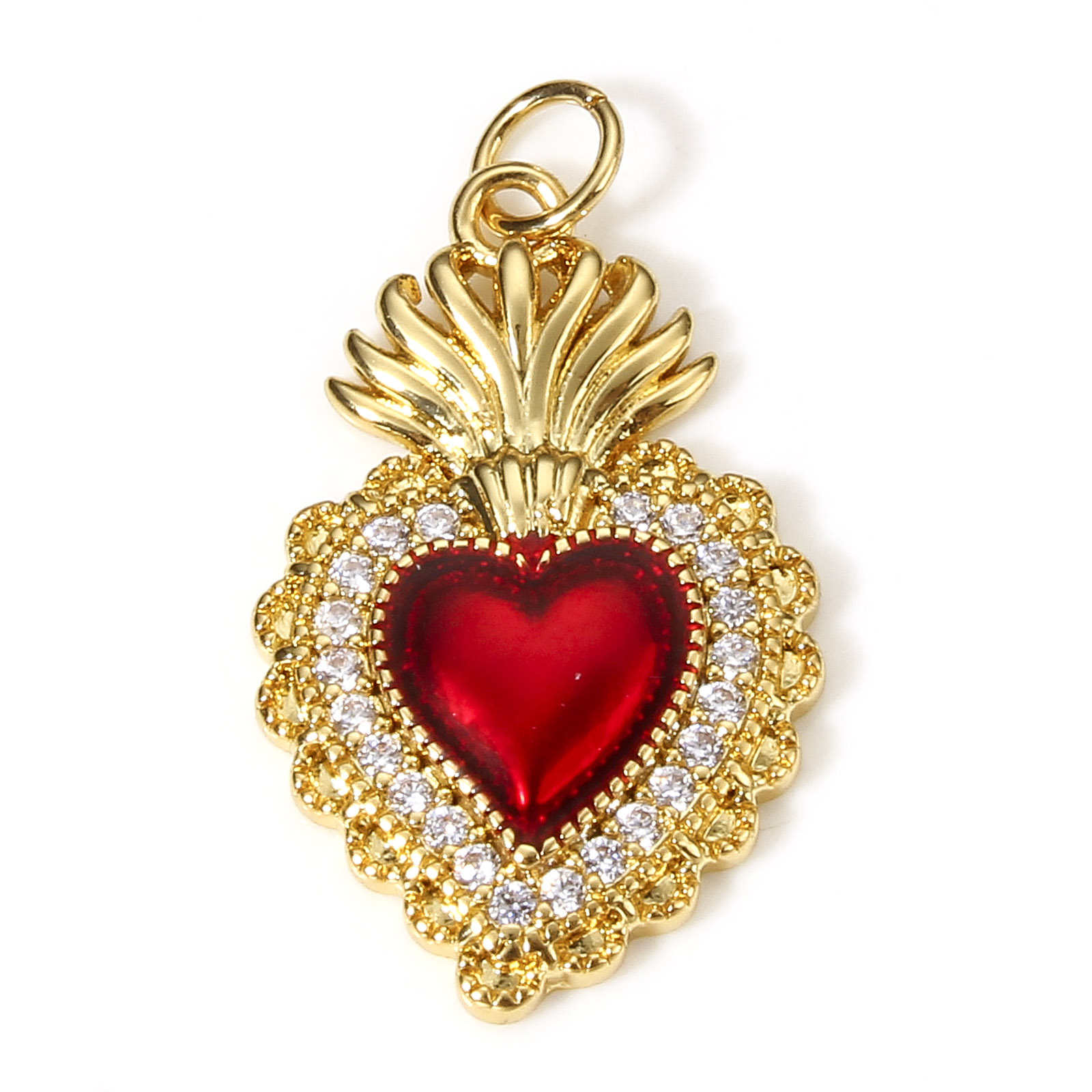 1 pieza de dijes de corazón religioso rojo clásico para la fabricación de joyas, colgantes Ex Voto de Color dorado, collar de circonia cúbica transparente DIY: Color amarillo dorado claro