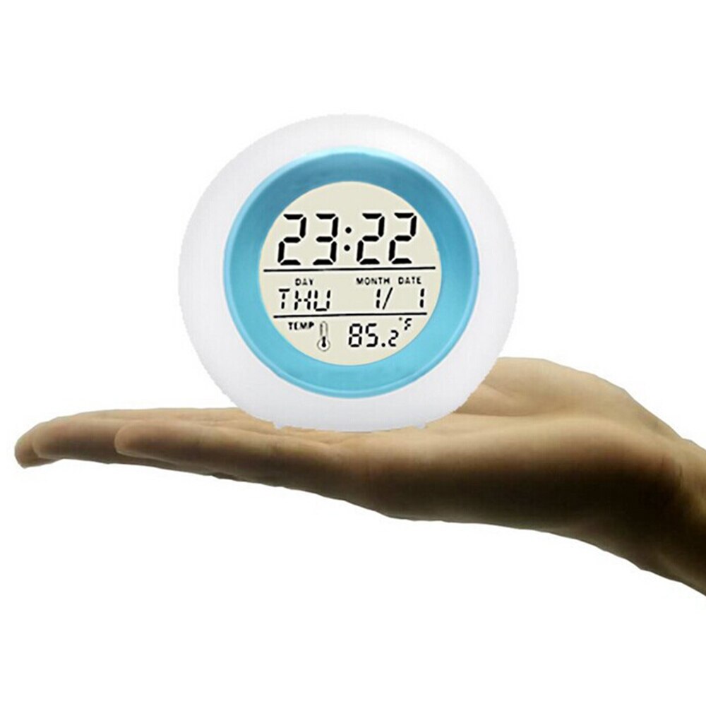 Reloj despertador redondo con luz de fondo para niños, decoración de sonido Natural, , 7 colores, calendario, bola frontal