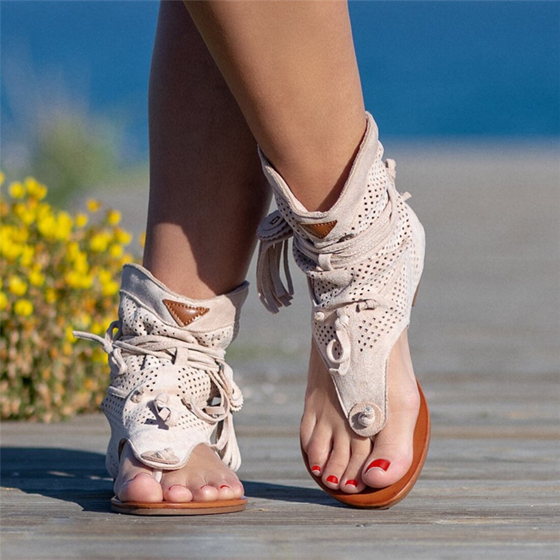 Retro kvast sandaler til kvinde sommer boho flade sko dame snøre strandsko sandalias mujer damesko