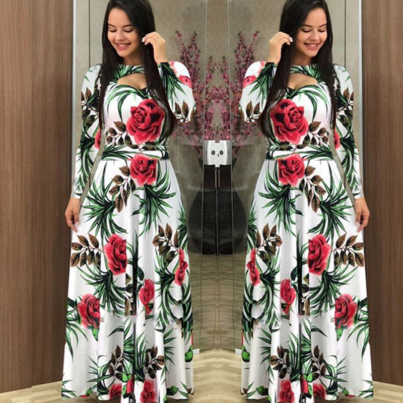 Kvinders efterårsprint langærmede slim fit vestido rund hals blomster hule maxikjoler roupas mujer 5xl: 5xl / Himmelblå