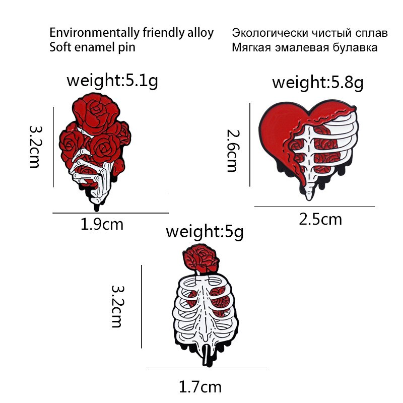 Skelett Rose Brosche Herz Sternal Rippe KäFeige Zombie Hand Knochen Menschlichen Anatomie Kunst Emaille Stift Legierung Revers Abzeichen Schmuck