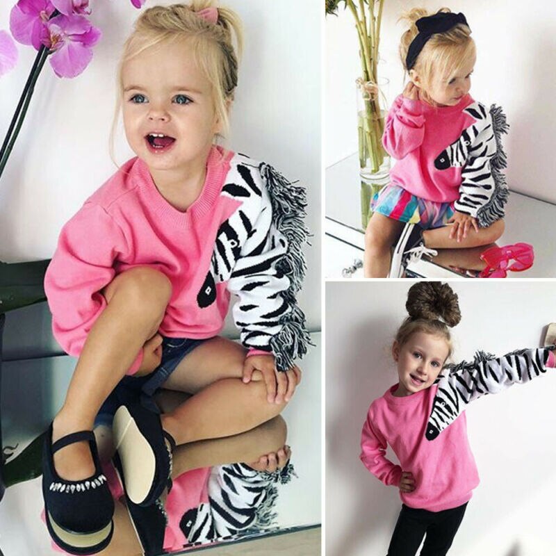 1-6Years Kids Tassels Toddler Baby Girls Outfits 3D Zebra Sleeve Top T-shirt Sweatshirt Clothes