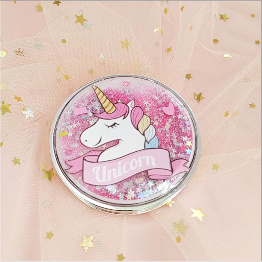Unicorn Makeup Mirror Compact Pocket Portable Double-Sided Folding Cosmetic Mirror With flowing sparkling sand T0243