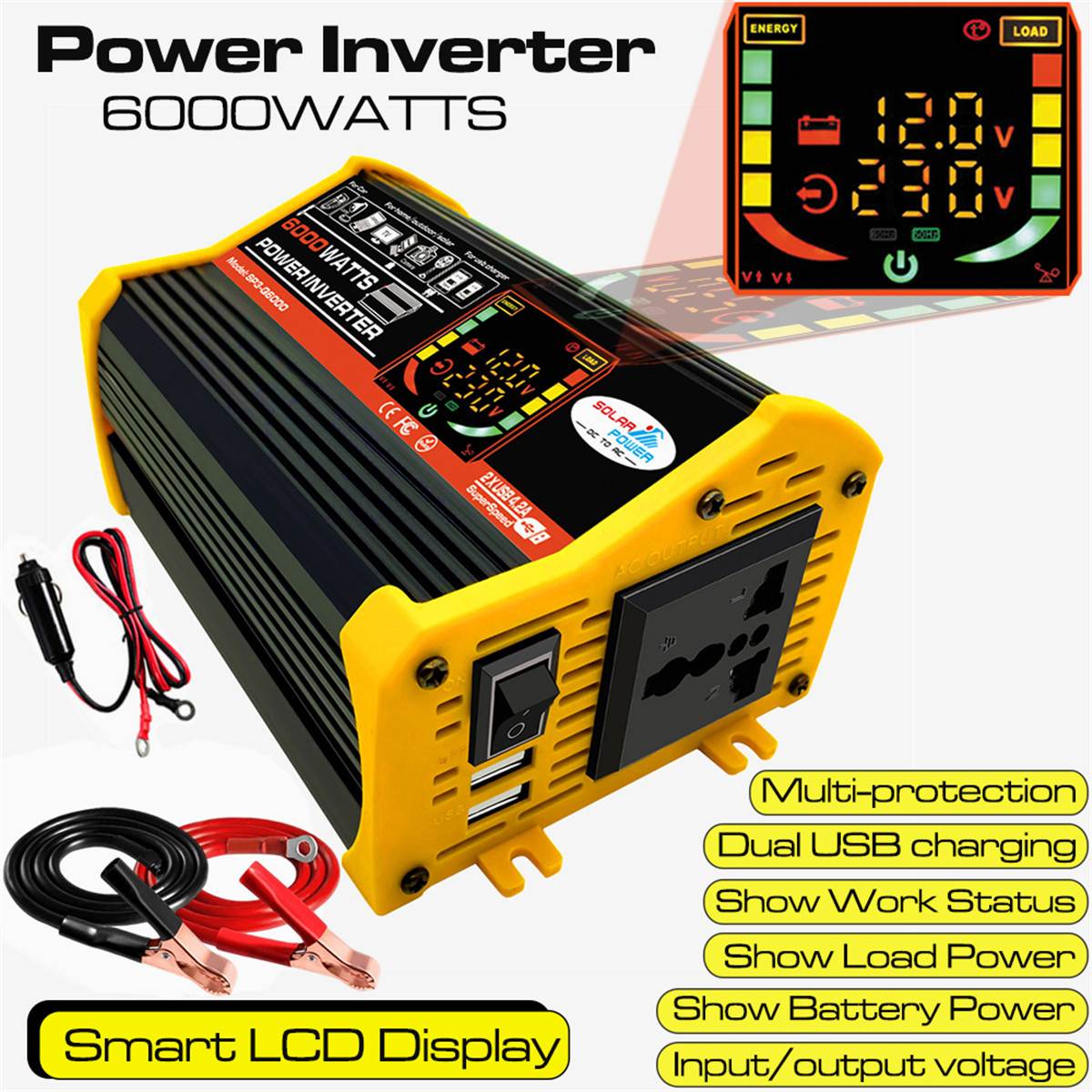 6000w strömriktare modifierad sinusvåg lcd-skärm  dc 12v till  ac 220v dubbla usb-biltransformatorer konvertera eu-uttag