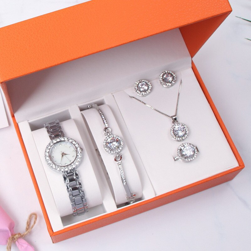 2022 5Pcs Set Watch Women Quartz Watch Bracelet Necklace Earring Ring Watch Sets Female Jewelry Lady&#39;s