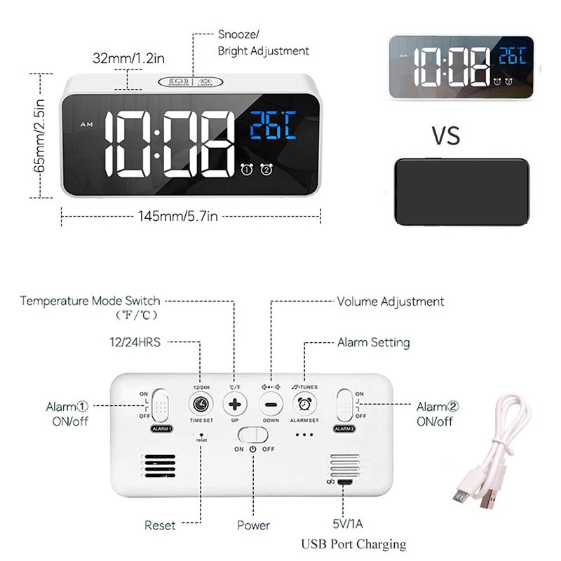 Digital Alarm Clock for Bedrooms Heavy Sleepers Bedside LED Display with USB Port Charger, 2 Alarm Clock, Snooze, Time(White)