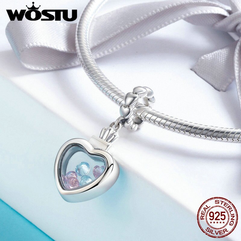 Wostu authentic 925 prata esterlina cor redonda cz pedra dentro da caixa de memória coração pingente apto para feminino pulseira colar cqc588