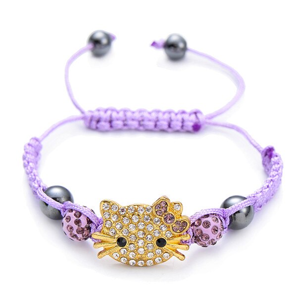 Kids Bracelet Children's Bracelet Connecte Handmade Cute Cat Bracelet for Girls Boys Crystal Beads Braid Charm Bracelets: gold purple