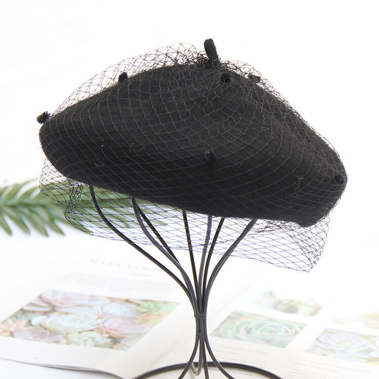 Boina de malla para mujer, gorro de pintor Camel, gorros Vintage con velo, gorro de invierno suave para artista francés, boina: black